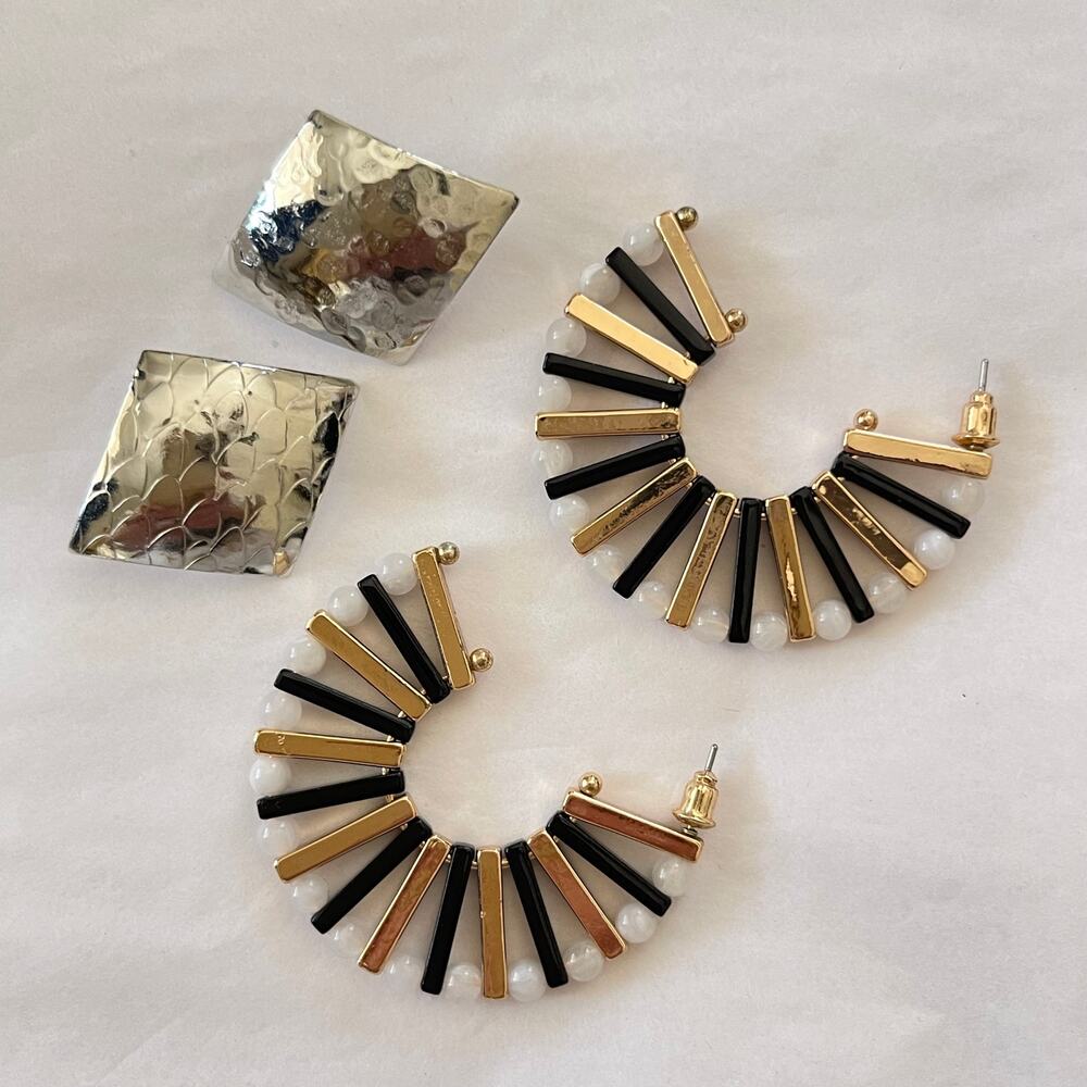 Dillards Earrings Hammered Silver Repoussé Squares & Rod & Pearl Beaded Wheels